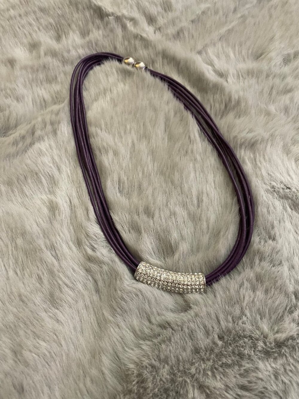Purple Multi Leather Strand necklace with Rhinestone Tube